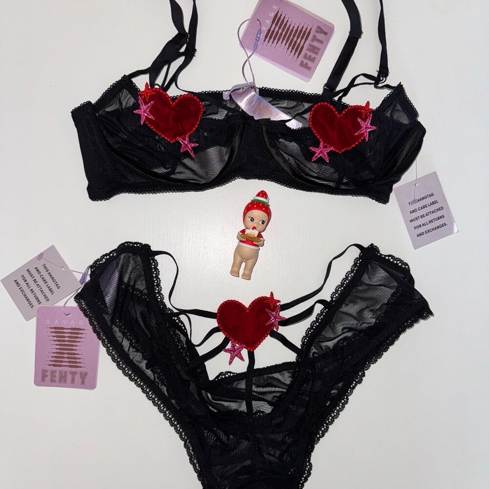 NWT Savage X Fenty Heart Mesh Lingerie Set – Black (M/L)